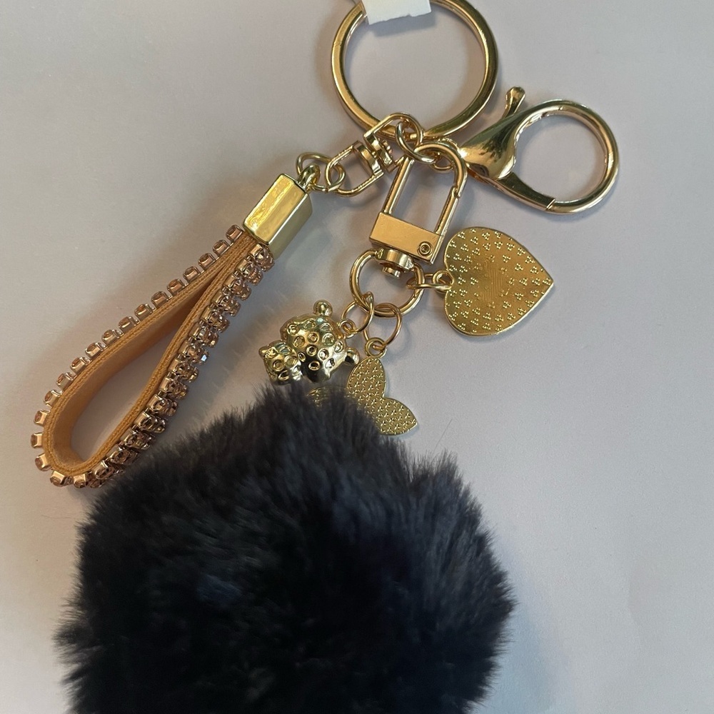 Gold and Black Pom Pom Keychain With 3 Charms – New - Picture 4 of 14